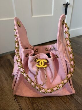 Light Pink Quilted Drawstring Bucket Bag with Gold hardware